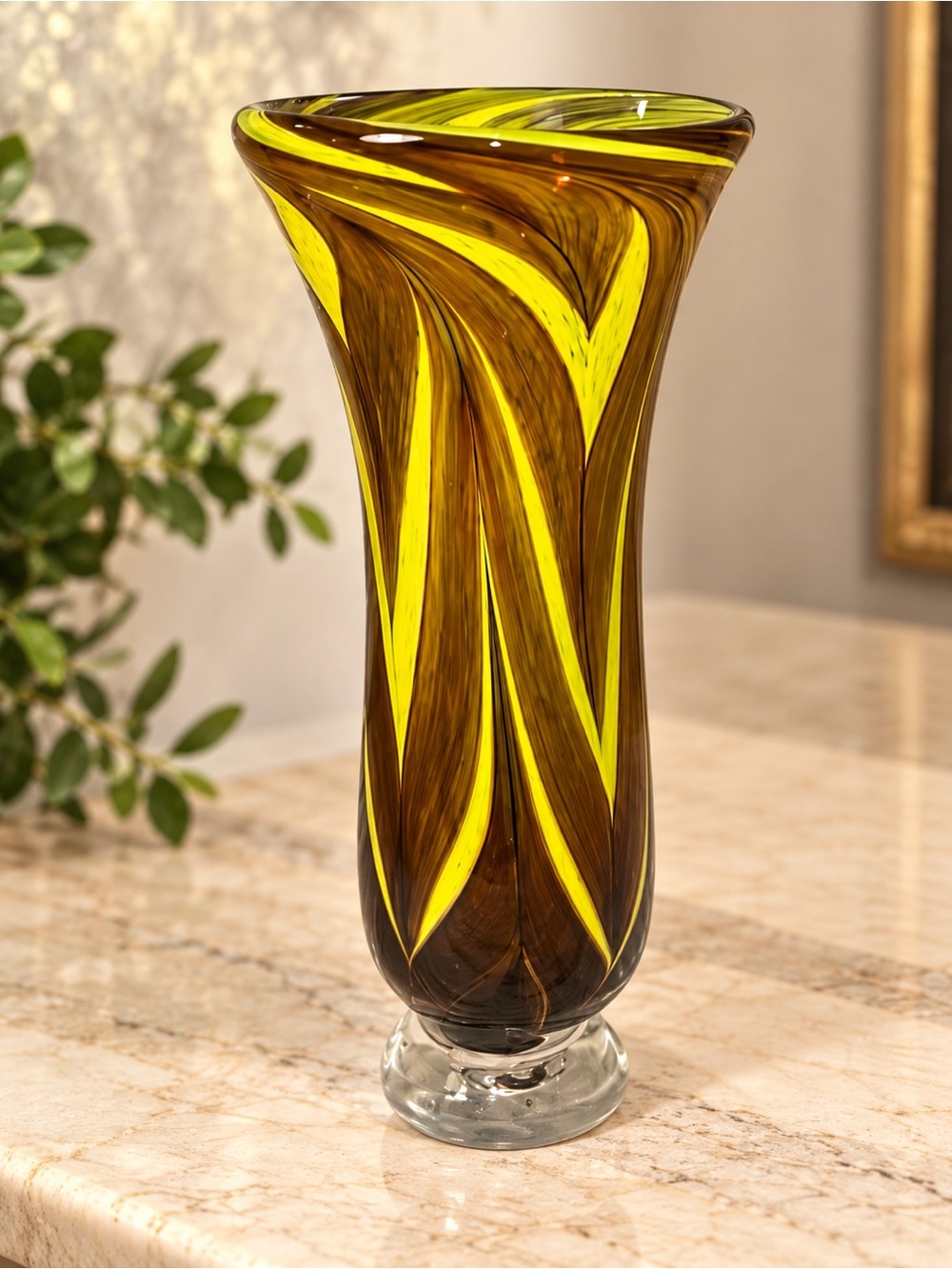 Hand Blown Art Glass Vase  Decor Brown Green Chartreuse Swirl Footed 10” OOAK